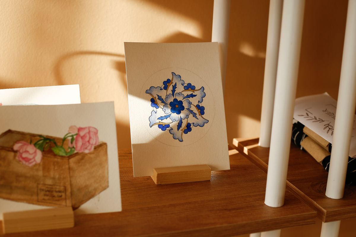 Hand-painted greeting cards on display in the Patchings Gift House
