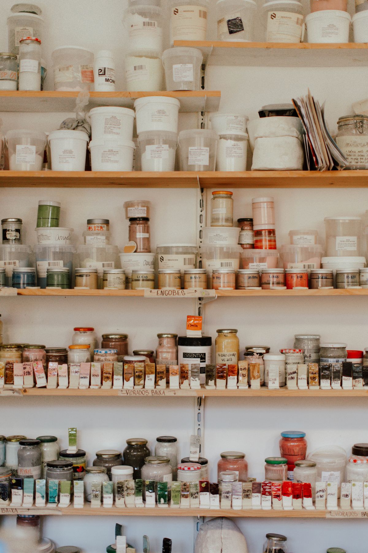 Shelves of artist's pigments and paints at Patchings Art Materials